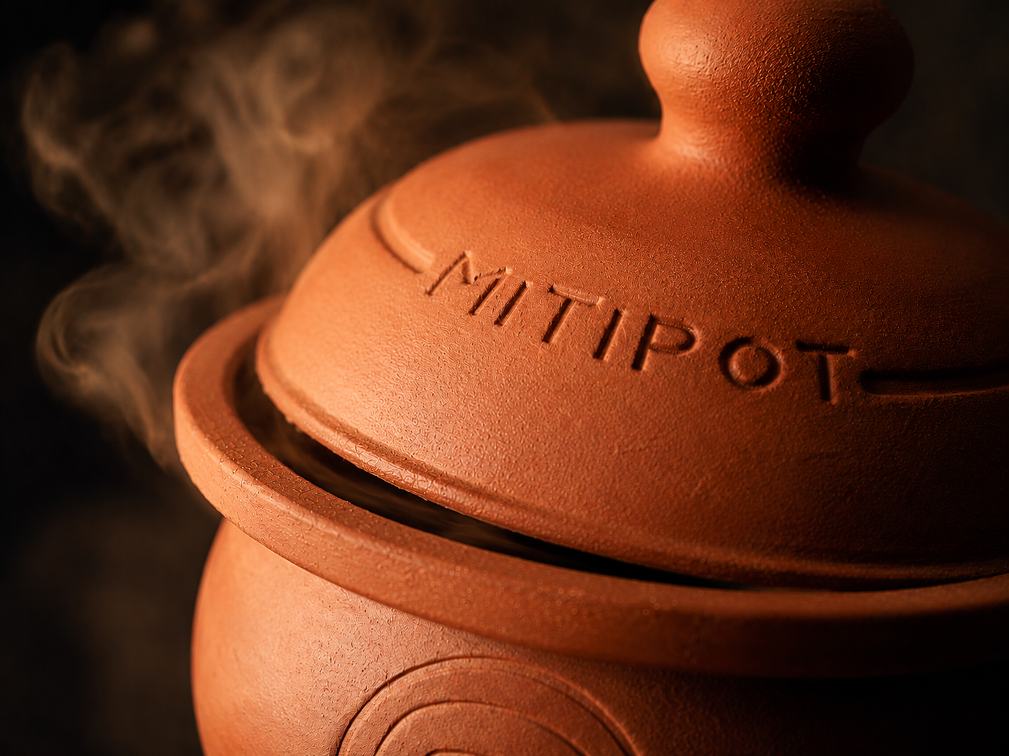 Close-up of the Mitipot with steam rising from under the lid