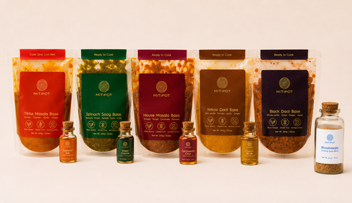 The five Mitipot curry bases with the four tadka finishing oils and Bloomasala finishing spice