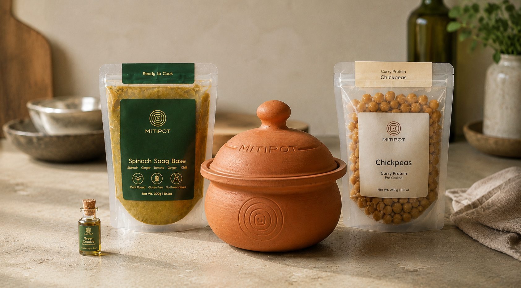 The Mitipot surrounded by the base pouches, proteins and finishing oils