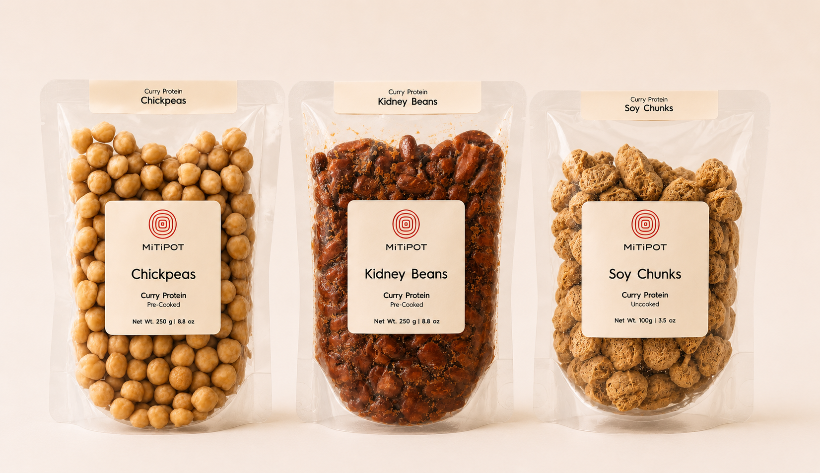 The three Mitipot proteins — chickpeas, kidney beans and soy chunks