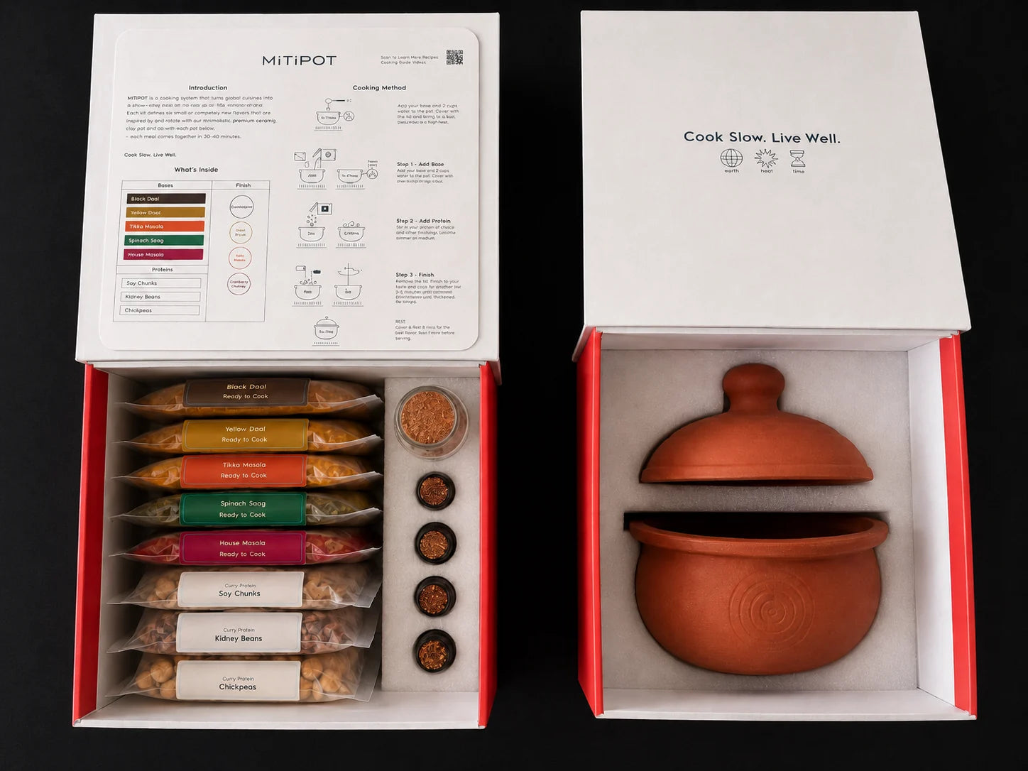 The two boxes open — ingredients in one, the pot in the other